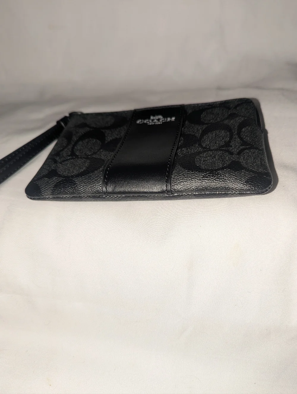 Coach Charcoal Signature Logo Wristlet with Leather Trim.58035